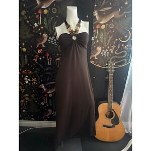 C. Graffiti Brown Maxi Dress Wooden Beaded Halter O-Ring Open Back Boho USA Made